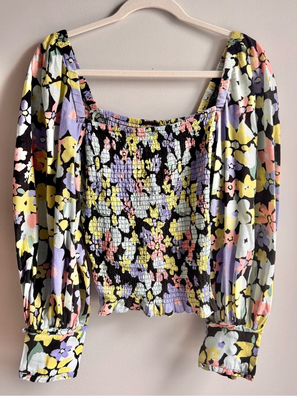 Free People Ariana Floral Smocked Square-Neck Top size Medium